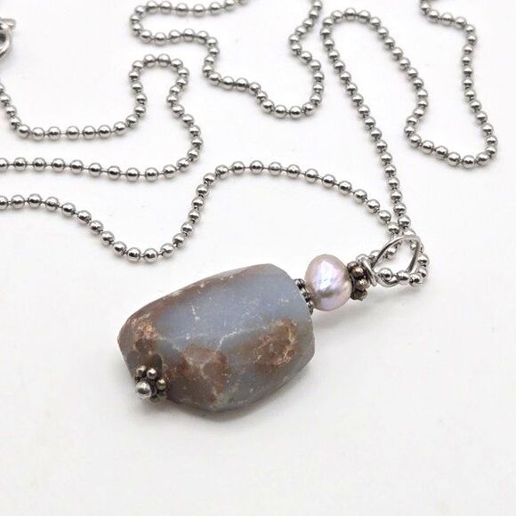 Raw Blue Chalcedony & Pearl Pendant Necklace Boho Natural Stone Ball Chain - Picture 1 of 6